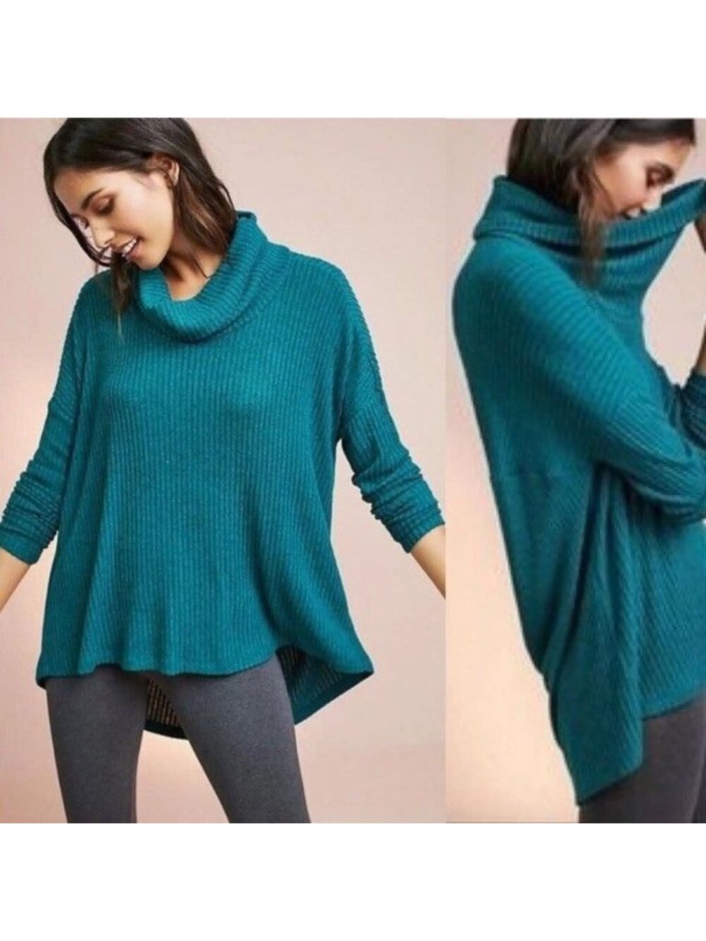 Free People Teal Drippy Cowl Neck Long Sleeve Thermal Tunic Women Size M